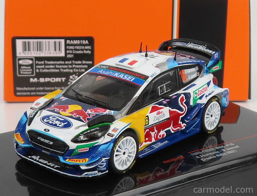 PRE-ORD3R IXO Models Modeliukas 1/43 2021 Ford Fiesta WRC #16 A. Fourmaux/R. Jamoul Rally Croatie, white/blue
