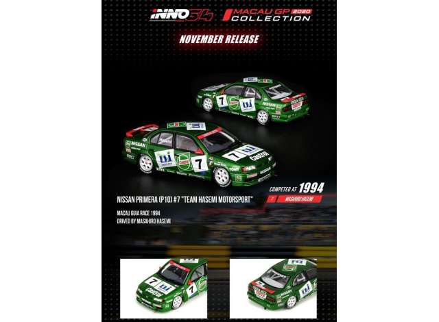 PRE-ORD3R Inno64 Modeliukas 1994 Nissan Primera (P10) #7 Macau Guia Race