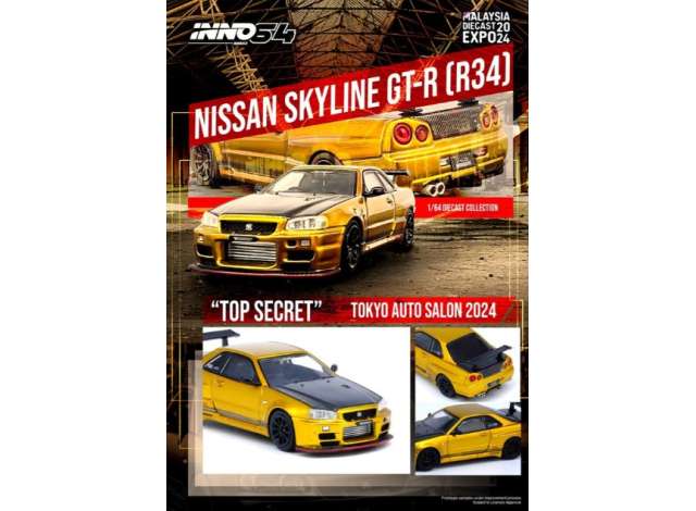 Inno64 Modeliukas Nissan Skyline GT-R (R34) *Top Secret*, gold/black (yra Sandėlyje)