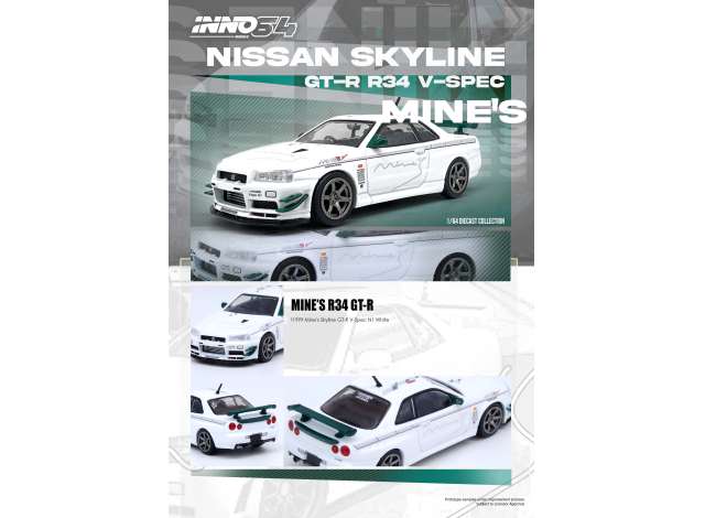 Inno64 Modeliukas Nissan Skyline GT-R (R34) V-Spec Tuned by *Mine`s*, white/green (yra Sandėlyje)