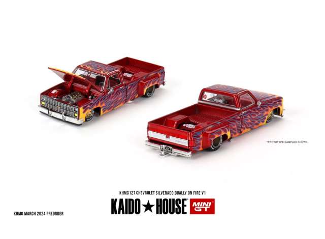 Mini GT Kaido House Modeliukas 1/64 1980 Chevrolet Silverado Dually on Fire V1, red (yra Sandėlyje)