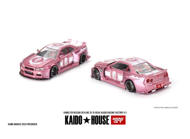 Mini GT Kaido House Modeliukas 1/64 1999 Nissan Skyline GT-R (R34) Kaido Racing Factory V1, pink (yra Sandėlyje)