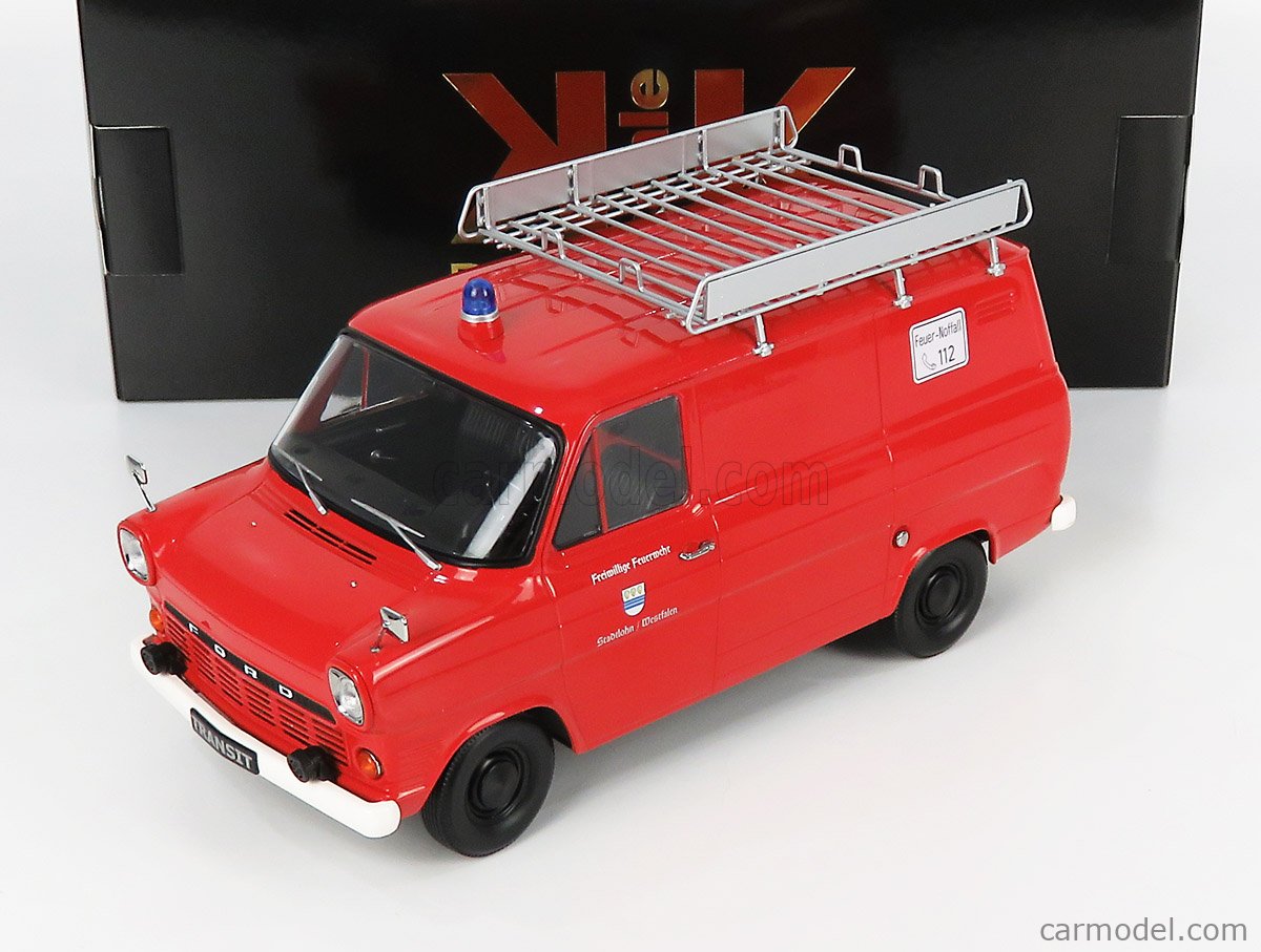 PRE-ORD3R KK Scale Modeliukas 1965 Ford Transit Delivery Van with Roof Rack *Feuerwehr Germany*, red