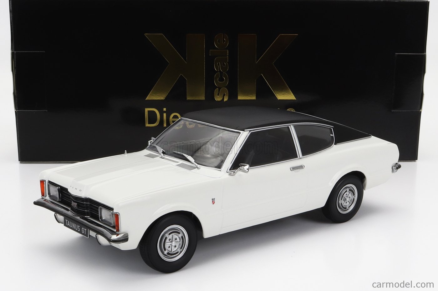 PRE-ORD3R KK Scale Modeliukas 1/18 1971 Ford Taunus GT with vinyl roof, white/black