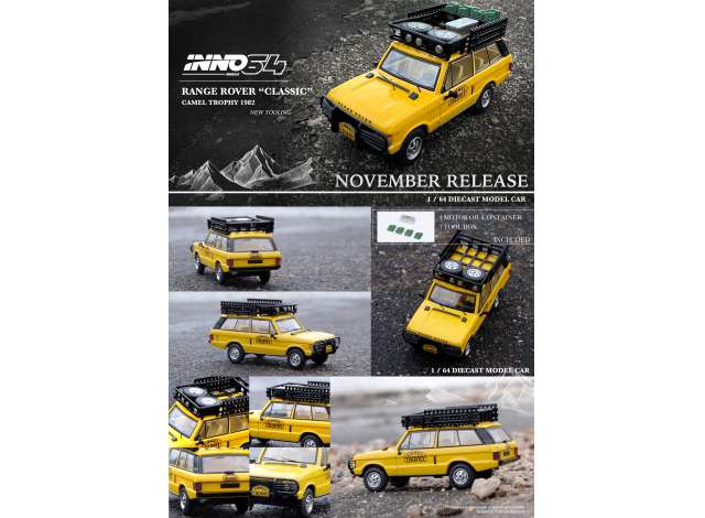 PRE-ORD3R Inno64 Modeliukas 1/64 1982 Range Rover *Camel Trophy* with 1 Tool Box & 4 Fuel Tanks on the Rood Rack included, camel yellow