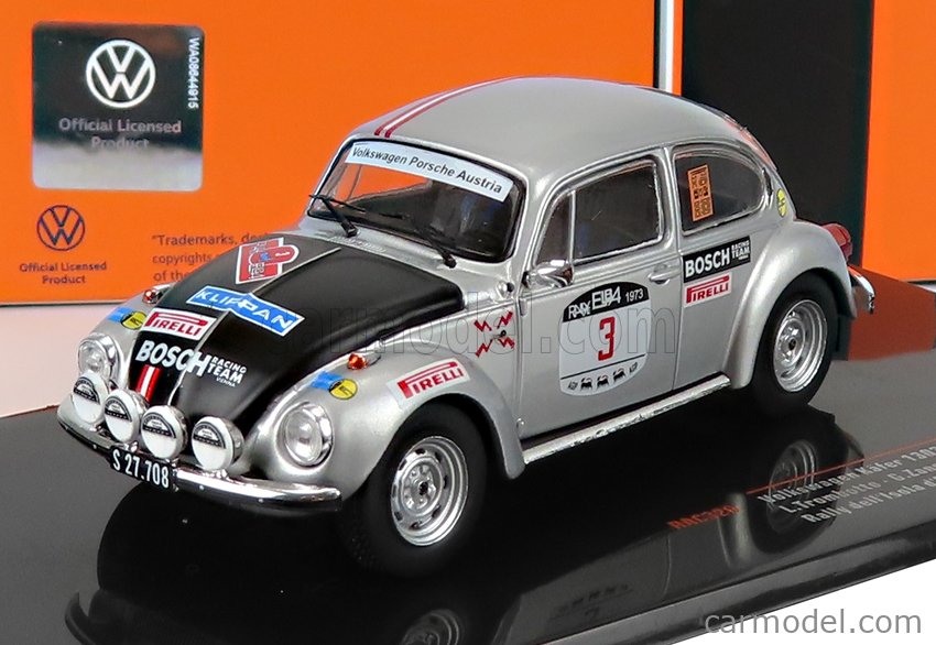 PRE-ORD3R IXO Models Modeliukas 1973 Volkswagen Beetle 1303 S No.3 Rally Elba Trombotto/Zanchetti, silver