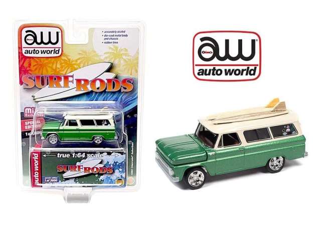 PRE-ORD3R Auto World Modeliukas 1965 Chevrolet Suburban with Surfboard, green/white