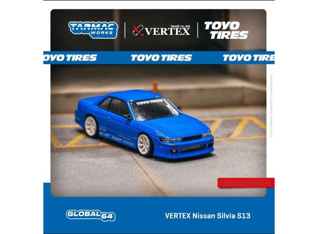 Tarmac Modeliukas 1/64 Vertex Nissan Silvia S13 *Toyo Tires*, blue metallic (yra Sandėlyje)