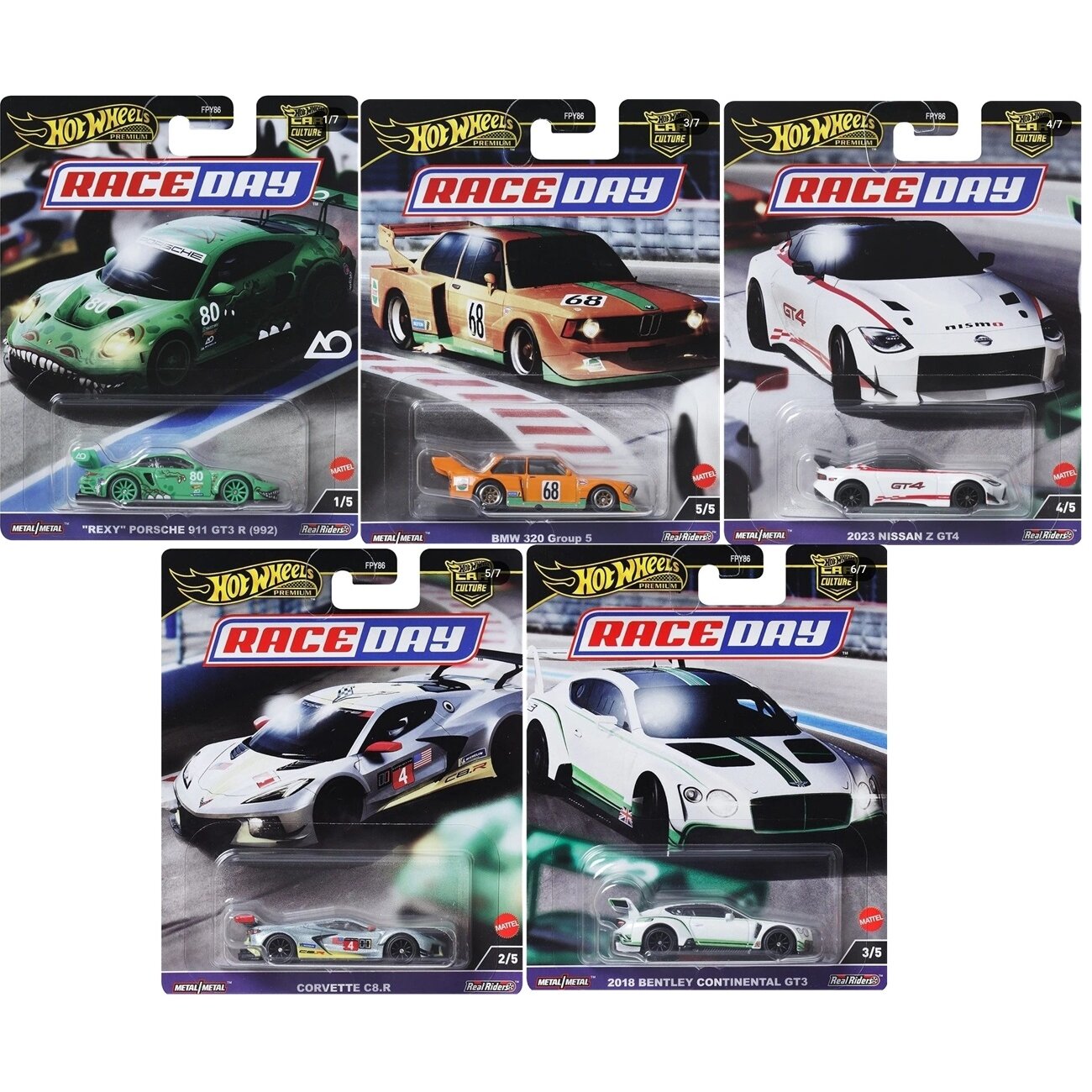 Hot Wheels Premium Race Day Car Culture Modeliukų rinkinys ROXY 2023 Porsche 911,Nissan Z GT4,Bentley Continental GT3,BMW 320 Group5,Corvette C8 R