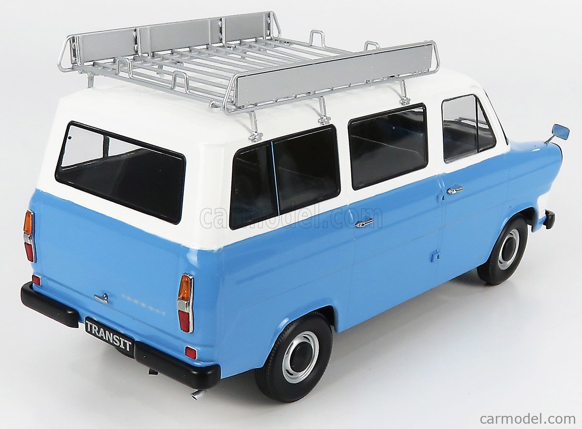 PRE-ORD3R KK Scale Modeliukas 1/18 1965 Ford Transit Bus with Roof Rack, light blue/white