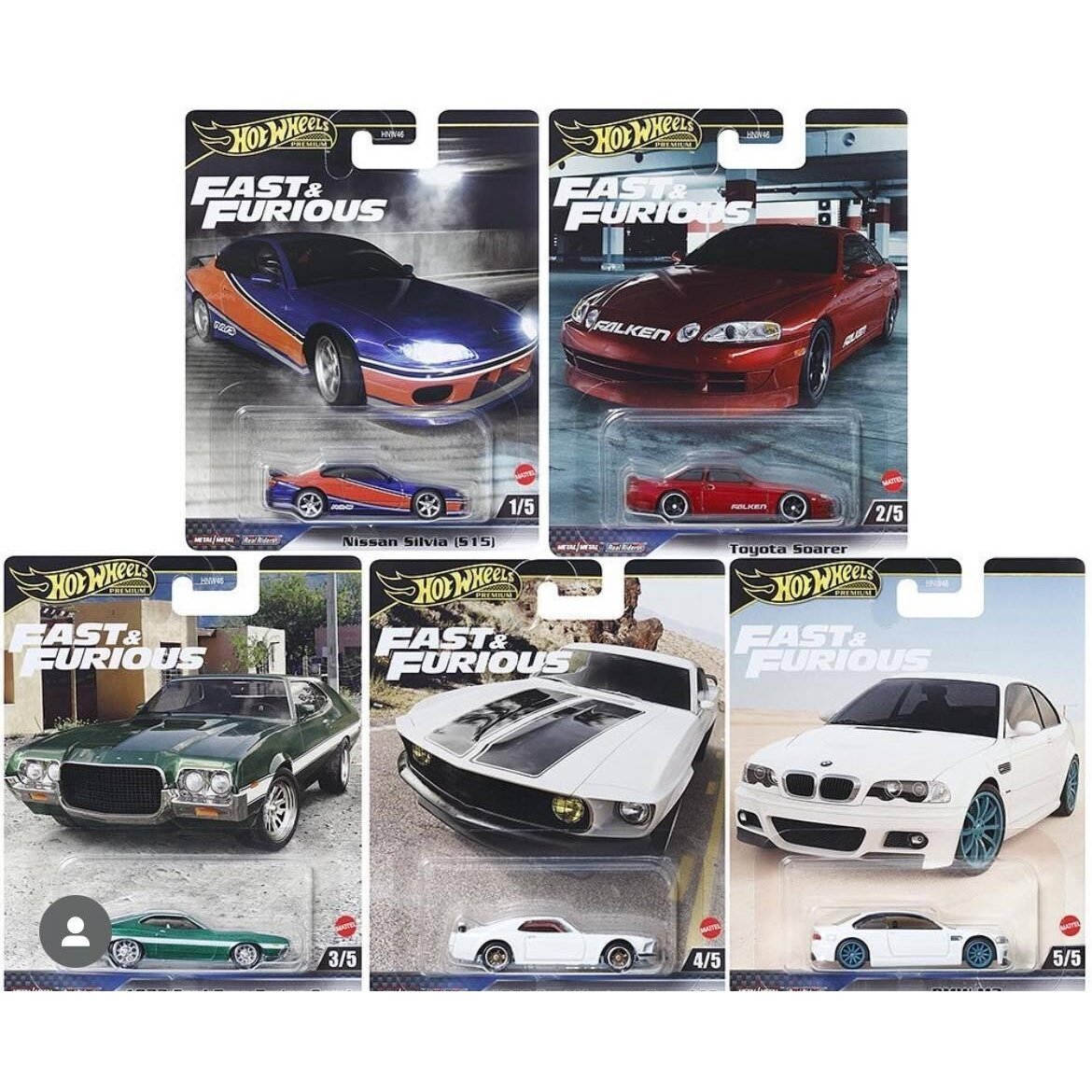 Hot Wheels Premium Modeliukas 2024 Fast & the Furious set (Nissan Silvia Mona Liza,Toyota Soarer,Ford Gran Torino,Ford Mustang Boss,BMW M3 E46)