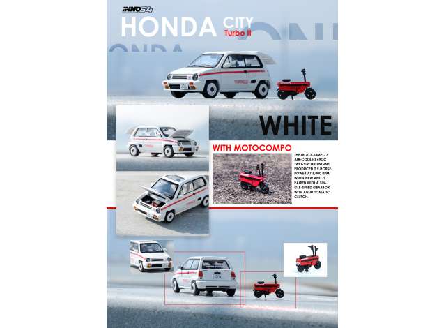 PRE-ORD3R Inno64 Modeliukas 1984 Honda City Turbo II, white Mod. version with red Motocompo