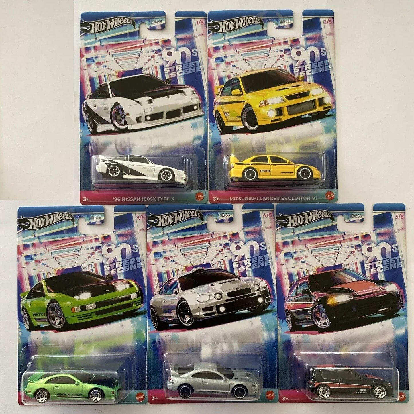 Hot Wheels Mainline 90s Street Scene Set Modeliukų rinkinys (1992 Honda Civic,Nissan 180SX,Mitsubishi Lancer VI,Nissan 300ZX,Toyota Celica GT-Four) (yra Sandėlyje)