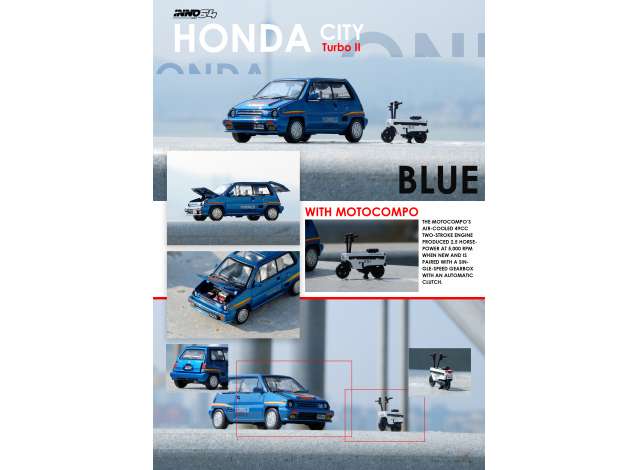 PRE-ORD3R Inno64 Modeliukas 1984 Honda City Turbo II, blue version with white Motocompo