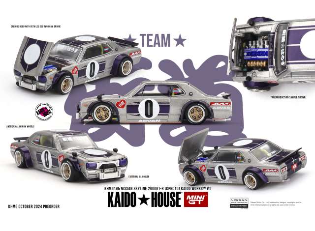 Mini GT Modeliukas 1/64 1969 Nissan Skyline GT-R (KPGC10) Kaido Works V1, silver/purple