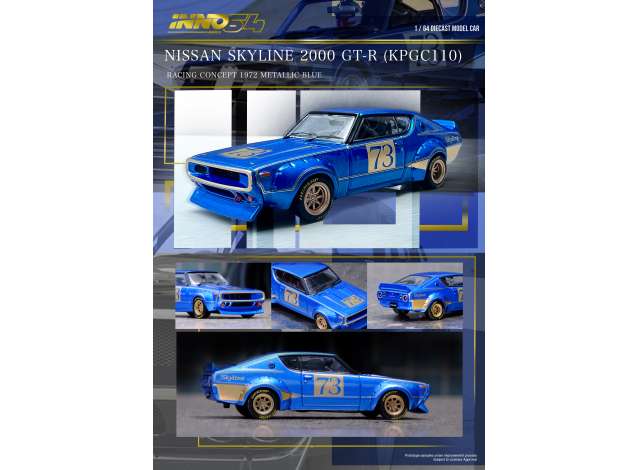 Inno64 Modeliukas 1/64 Nissan Skyline 2000 GT-R (KPGC110), racing concept blue (yra Sandėlyje)