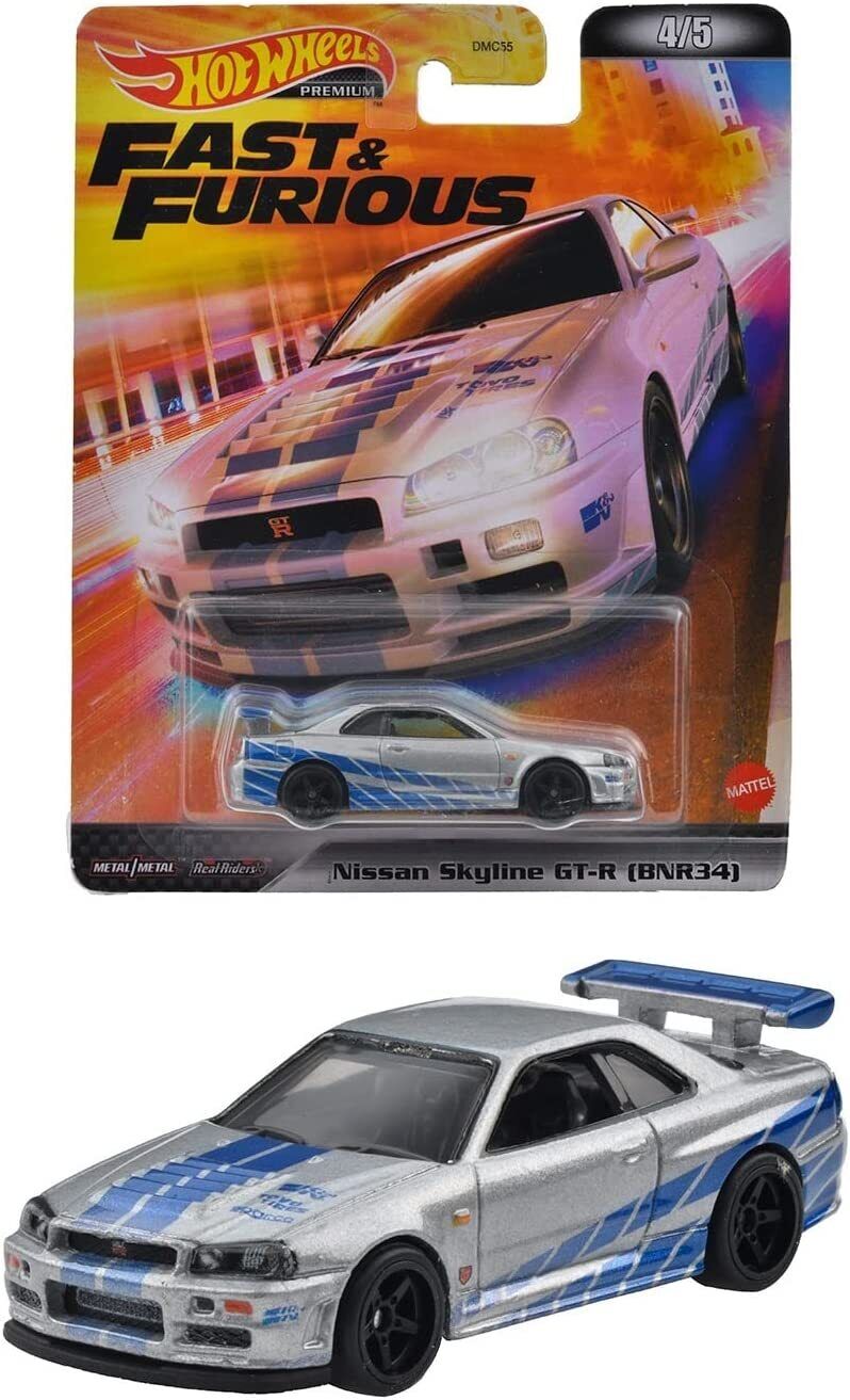 Hot Wheels Premium Modeliukas Nissan Skyline GTR R34, silver/blue