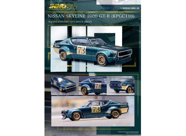 Inno64 Modeliukas 1/64 Nissan Skyline 2000 GT-R (KPGC110), racing concept green (yra Sandėlyje)