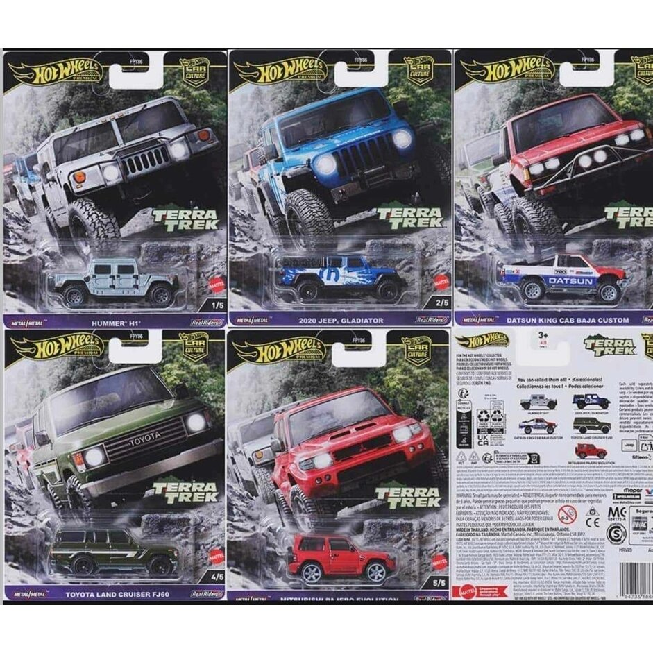 Hot Wheels Premium Terra Track Modeliukų rinkinys Datsun Off Road,Toyota Cruiser FJ60,Mitsubishi Pajero,Hummer H1,Jeep Gladiator (yra Sandėlyje)