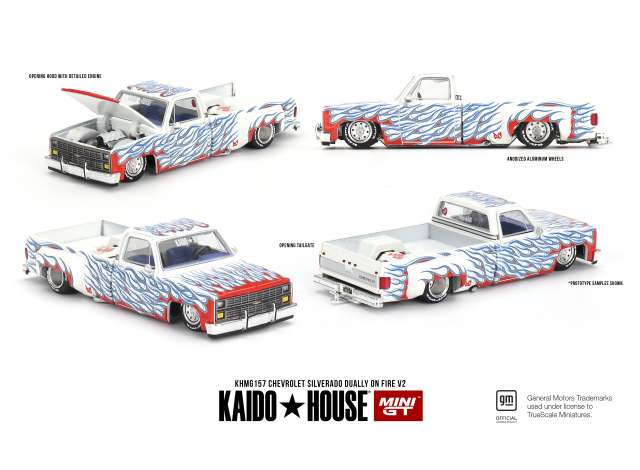 Mini GT Modeliukas 1/64 1980 Chevrolet Silverado Dually On Fire V2, white/blue/red