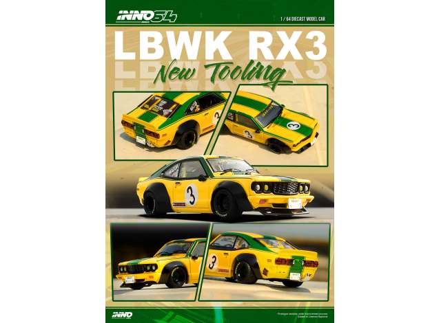 Inno64 Modeliukas 1/64 LBWK Mazda RX3 Savanna, yellow/green (yra Sandėlyje)