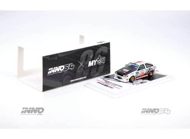 PRE-ORD3R Inno64 Modeliukas 1/64 Toyota Corolla Levin AE86 #326 *Trackerz Racing*, white/black/red