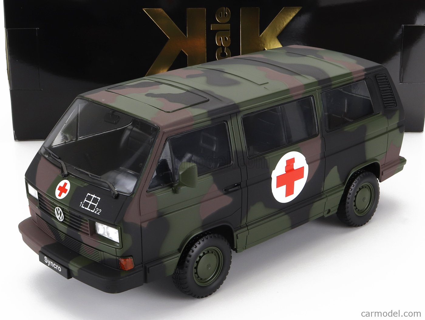 PRE-ORD3R KK Scale Modeliukas 1/18 1987 Volkswagen Bus T3 *German Army Ambulance*, camouflage