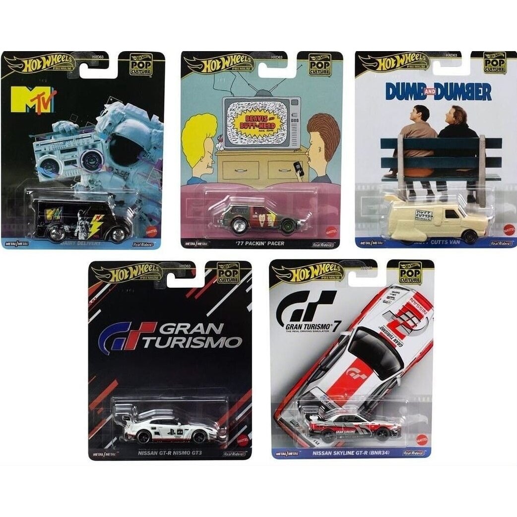 Hot Wheels Premium Pop Culture Modeliukų rinkinys (Dumb & Dumber, Nissan GT-R, Buthead, MTV, Nissan Skyline BNR34)