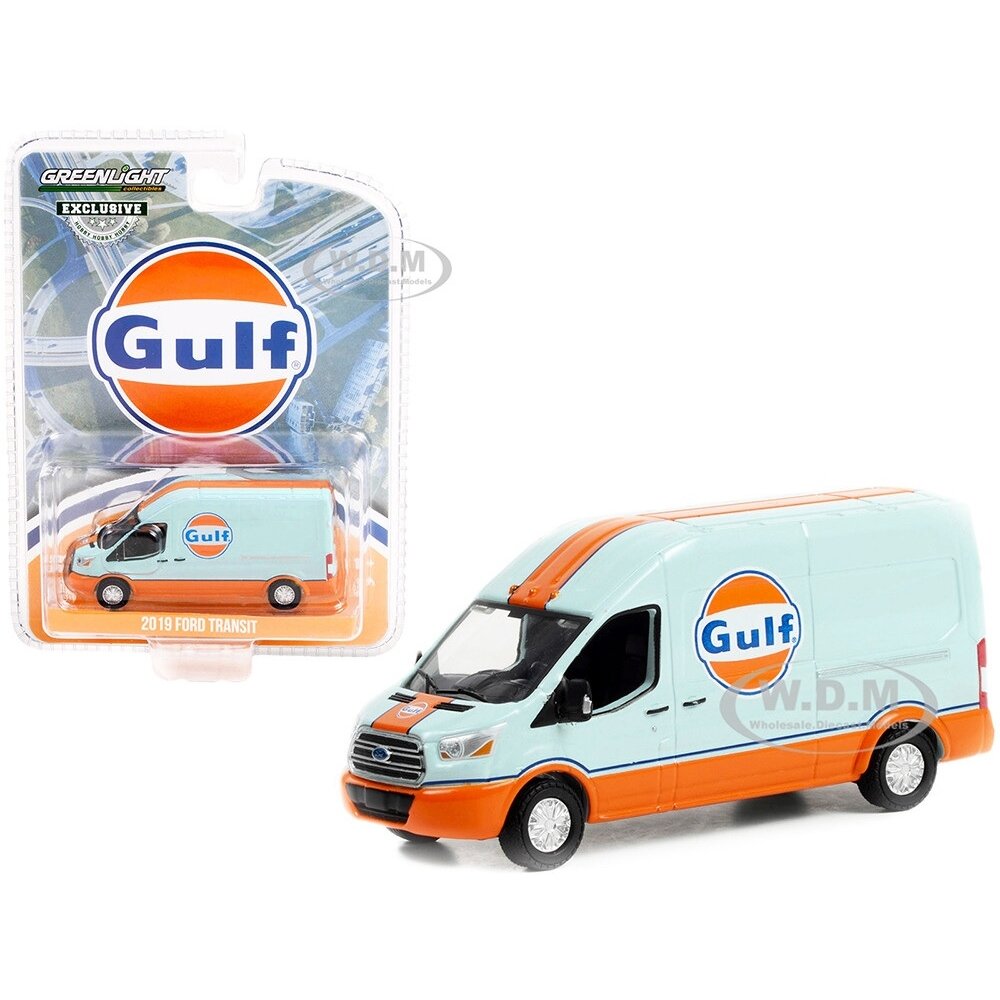 PRE-ORD3R Greenlight Modeliukas 2019 Ford Transit LWB High Roof *Gulf Oil*, blue/orange