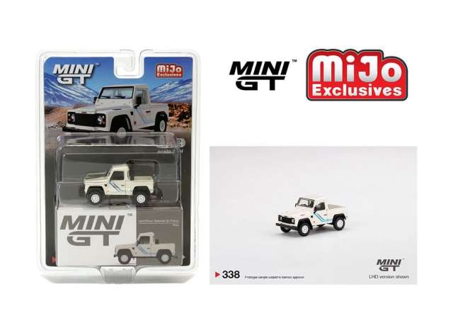 PRE-ORD3R Mini GT Modeliukas 1/64 Landrover Defender 90 pick-up, white/blue stripes