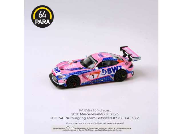 Para64 Modeliukas 2021 Mercedes AMG GT3 Evo #7 24H Nurnburgring Team Getspeed, pink/blue (cars in a deluxe Acrylic window box)