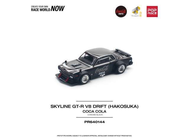 PRE-ORD3R Pop Race Modeliukas 1/64 Nissan Skyline GT-R V8 Drift *Hakosuka*, *Coca-Cola zero* chrome black