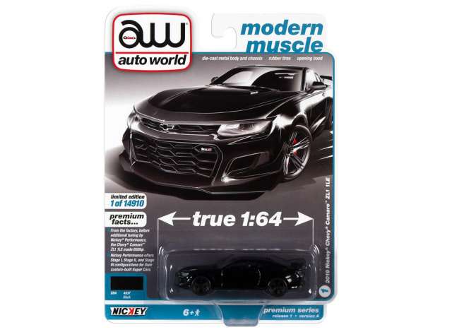 PRE-ORD3R Auto World Modeliukas 2019 NICKEY Chevrolet Camaro ZL1 1LE, gloss black with flat black side stipes & NICKEY Logo
