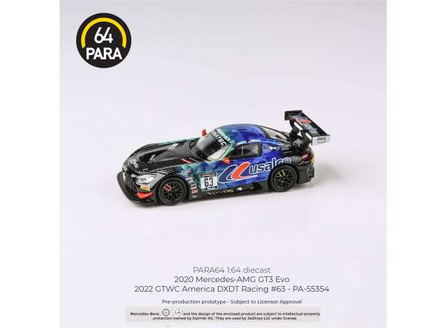 PRE-ORD3R Para64 Modeliukas 2022 Mercedes AMG GT3 Evo #63 GTWC America Team DXDT Racing, blue/green/black (cars in a deluxe Acrylic window box)