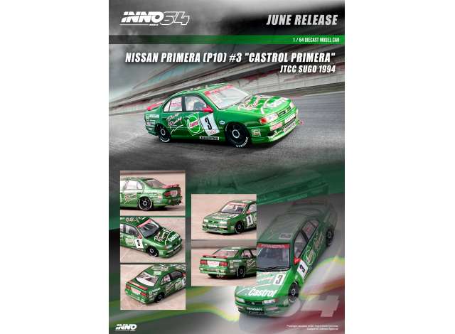 Inno64 Modeliukas 1994 Nissan Primera (P10) #3 Castrol Primera JTCC Sugo, green