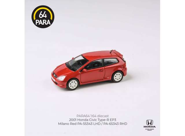 PRE-ORD3R Para64 Modeliukas 2001 Honda Civic Type-R EP3, red left hand drive (cars in a deluxe Acrylic window box)