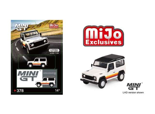 PRE-ORD3R Mini GT Modeliukas 1/64 Land Rover Defender 90 Wagon, white with stripes