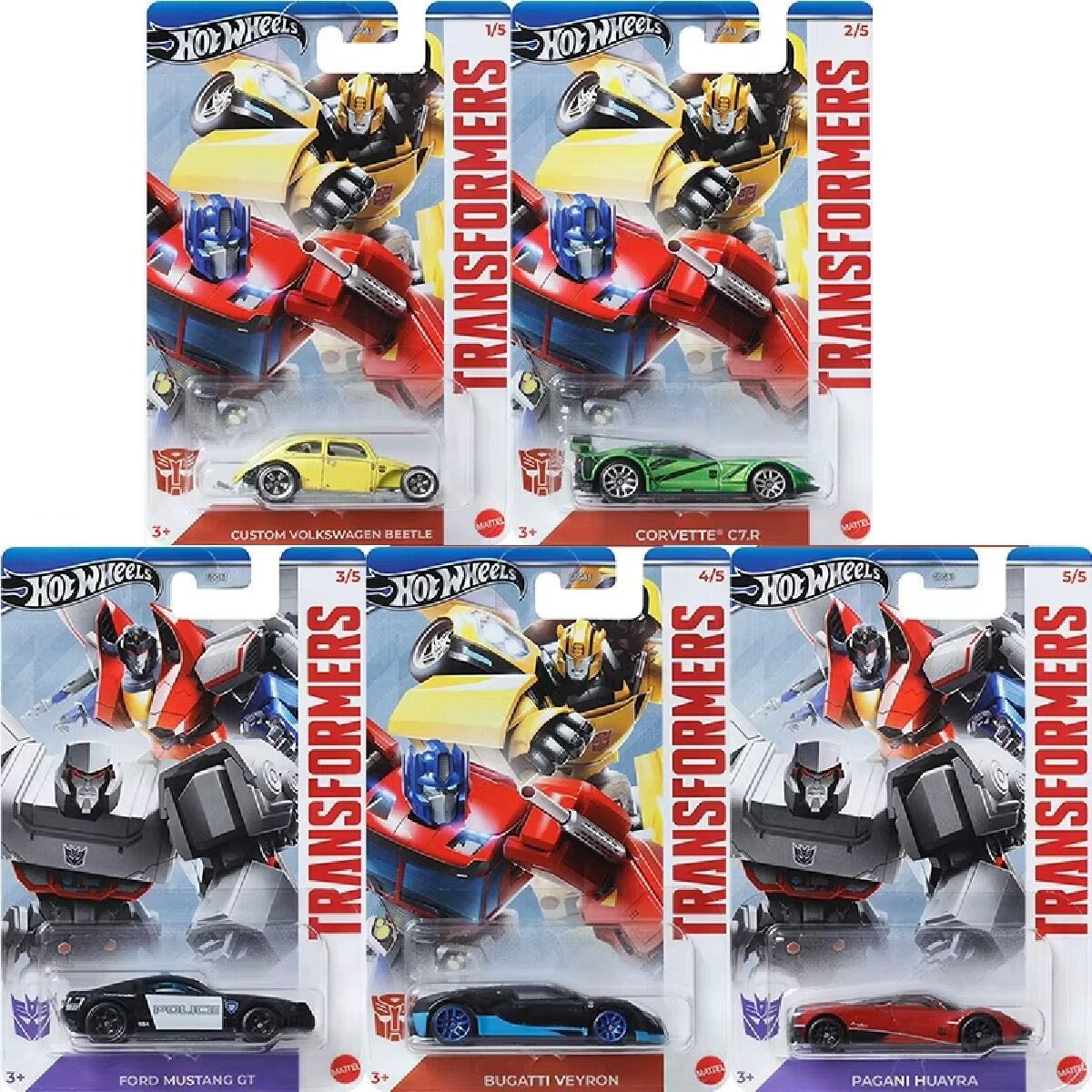 Hot Wheels Mainline Modeliukas Transformers (Custom Volkswagen Beetle,Corvette C7.R,Ford Mustang GT Police,Bugatti Veyron,Pagani Huayra, red) (yra Sandėlyje)