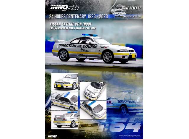 PRE-ORD3R Inno64 Modeliukas 1997 Nissan Skyline GT-R (R33) 24 Hours Le Mans Offical Pace Car, silver/yellow