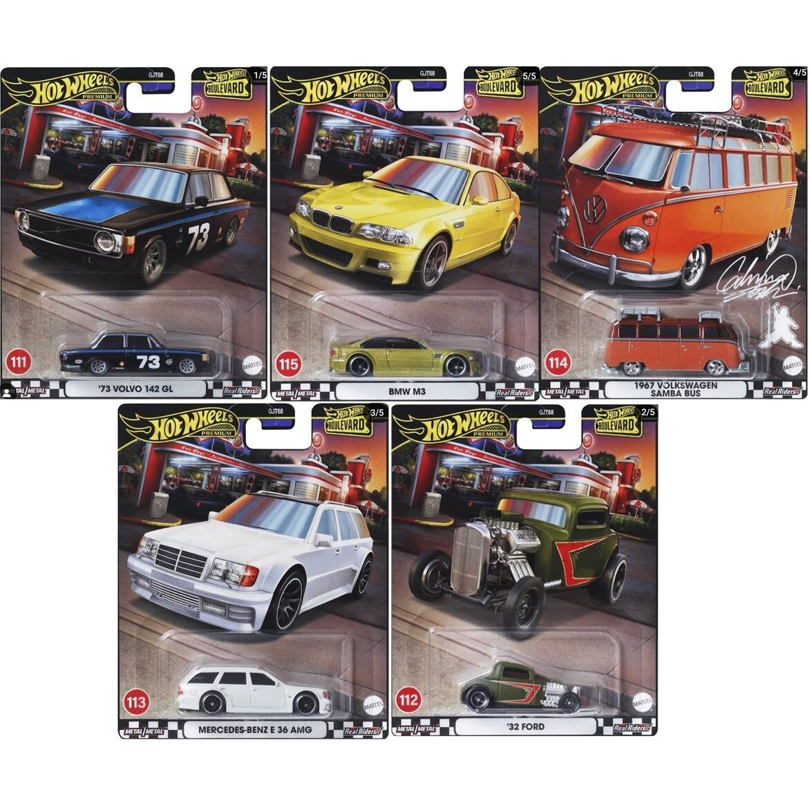 Hot Wheels Premium Boulevard Modeliukų rinkinys (BMW M3,Mercedes E36 AMG,Volvo 142,VW Samba,32 Ford) (yra Sandėlyje)