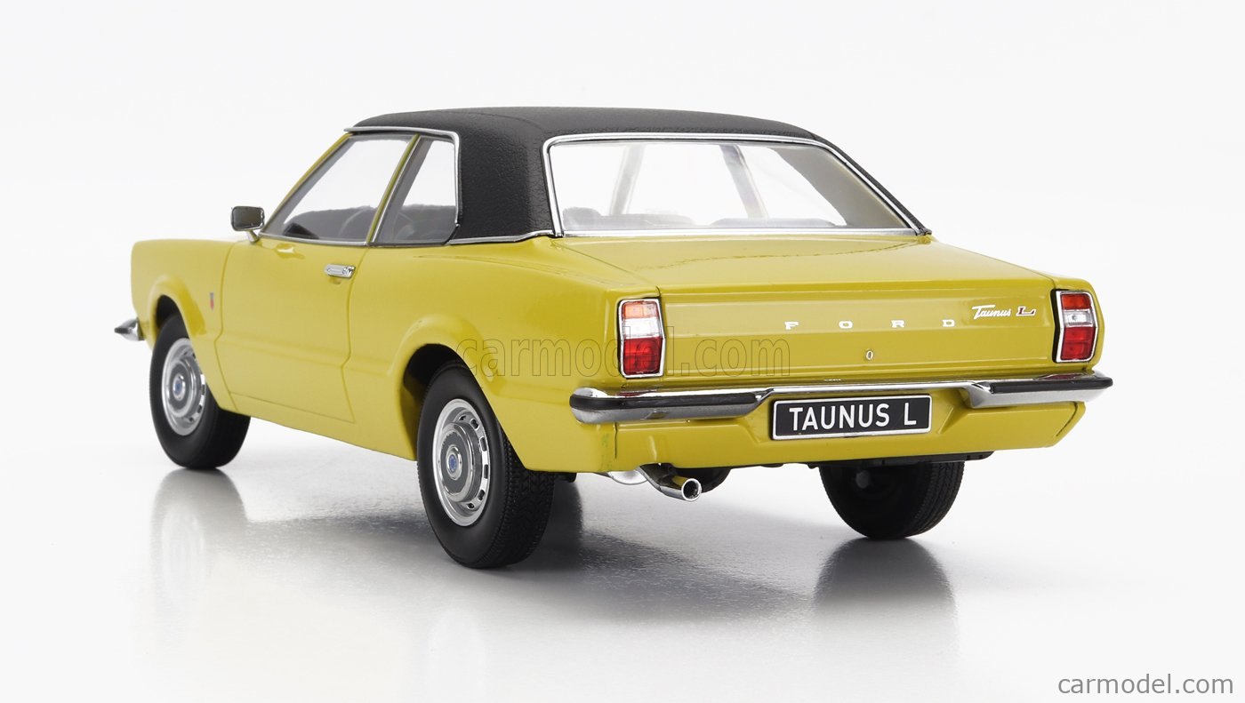 KK Scale Modeliukas 1/18 1971 Ford Taunus L Sedan with Vinyl Roof (Round Headlight), yellow/black