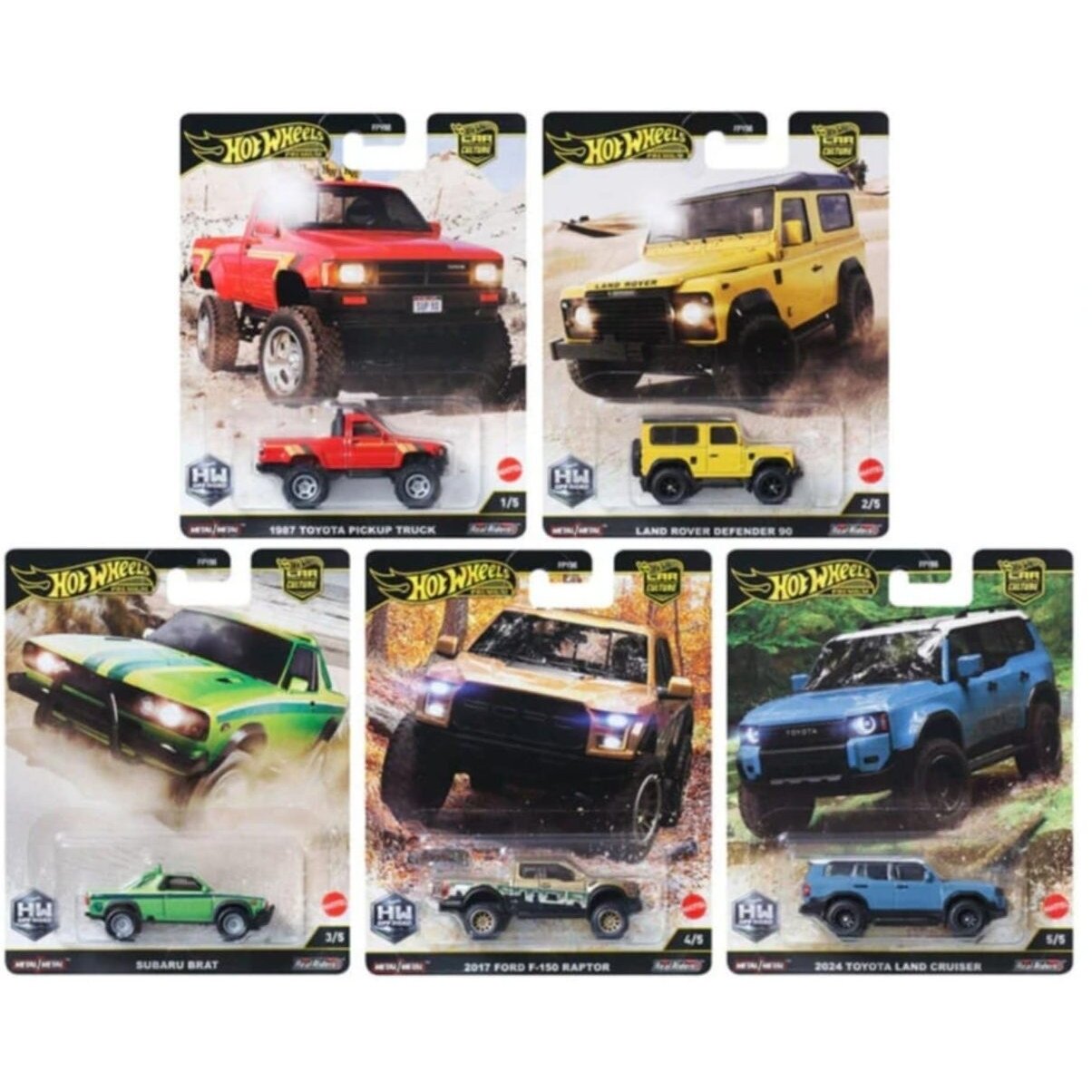 Hot Wheels Premium Modeliukas Off Road (Toyota Land Cruiser,Ford F150 Raptor,Subaru BRAT,Toyota pick-up Truck,Land Rover Defender 90)