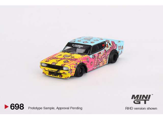 Mini GT Modeliukas 1973 Nissan Skyline Kenmeri Liberty Walk, yellow/pink/light blue (yra Sandėlyje)