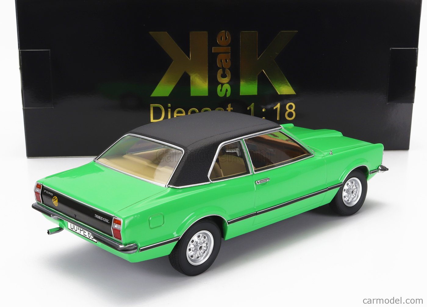 PRE-ORD3R KK Scale Modeliukas 1/18 1971 Ford Taunus GXL Sedan with vinyl roof (Square Headlight), light g