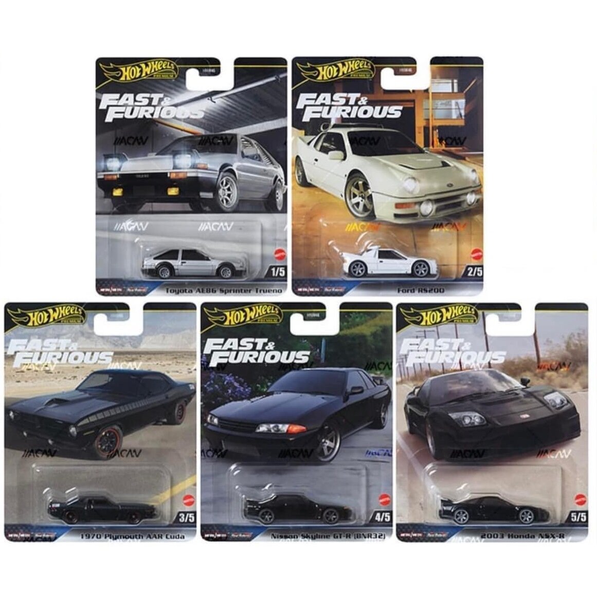 Hot Wheels Premium Modeliukas Fast & the Furious (Honda NSX,Toyota EA86,Ford RS200,1970 Plymouth Bar Cuda,Skyline GT-R BNR32)