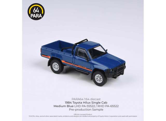 PRE-ORD3R Para64 Modeliukas 1/64 1984 Toyota Hilux Single Cab, blue left hand drive (cars in a deluxe Acrylic window box)