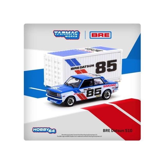 Be plėvelės!!!   Tarmac Works Modeliukas 1972 BRE Datsun 510 #85 Bobby Allison Trans Am 235 Championship, blue/white (Yra Sandėlyje)