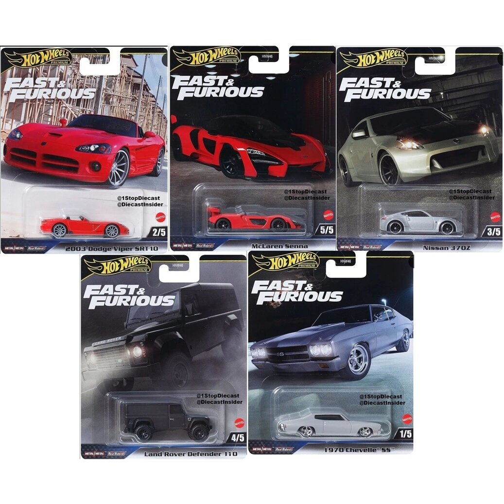 Hot Wheels Premium Fast and Furious Modeliukų rinkinys (Dodge Viper,McLaren Senna,Nissan 370Z,Defender,Chevelle SS) (yra Sandėlyje)