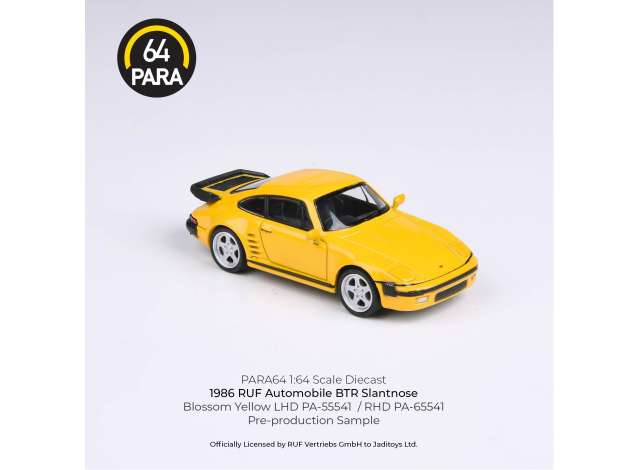PRE-ORD3R Para64 Modeliukas 1/64 1986 RUF BTR Slantnose, yellow left hand drive (cars in a deluxe Acrylic window box)