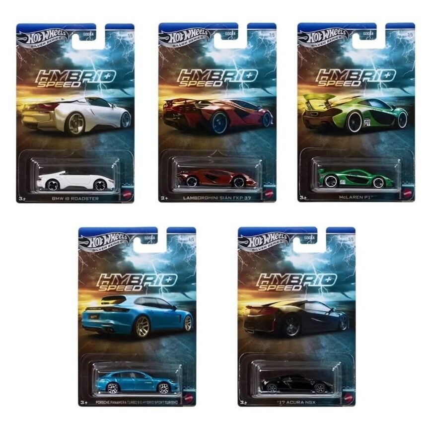 PRE-ORDER Hot Wheels Silverline Hybrid Speed Modeliukų rinkinys (BMW i8 Roadster,Lamborghini Sian,McLaren P1,Porsche Panamera,Acura NSX)